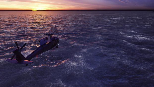 Black hawk military helicopters fly at dawn across the boundless sea.