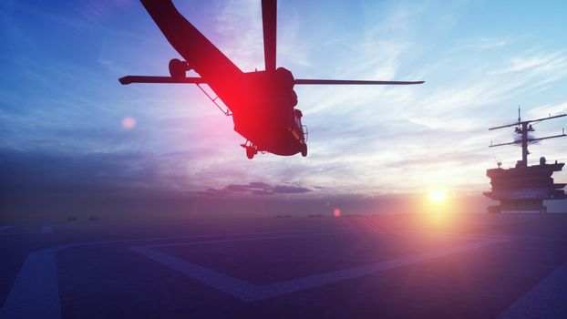 Military helicopter Blackhawk takes off from an aircraft carrier in the morning in the endless blue ocean.