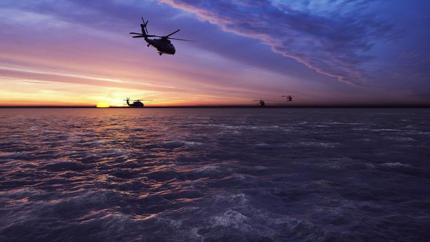 Black hawk military helicopters fly at dawn across the boundless sea.