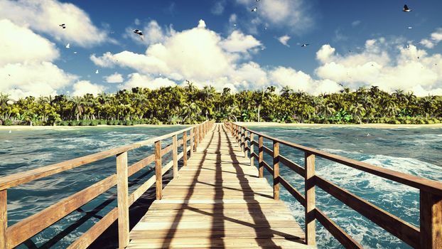 The camera flies over a wooden bridge on a tropical island with an exotic white beach. Green palm trees, blue sky and sun