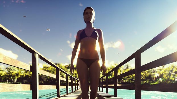 Beautiful scene of a woman walking on a wooden bridge from a tropical island