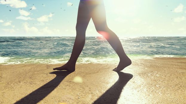 Beautiful scene of a woman walking on a beach on a tropical island. 