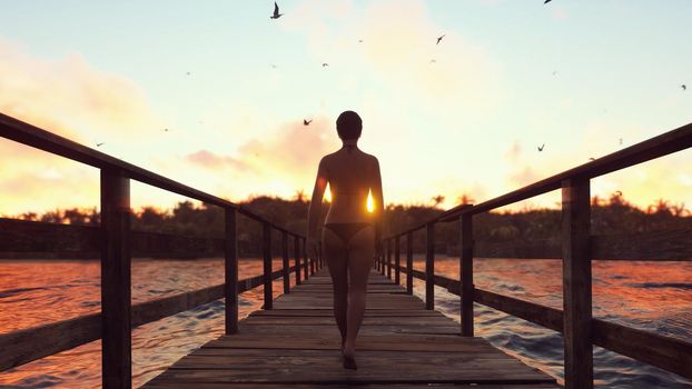  Beautiful scene of a woman walking on a wooden bridge to a tropical island across the ocean at sunset