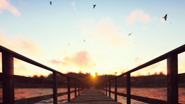  The camera flies over a wooden bridge on a tropical island with an exotic white beach on sunset. Green palm trees, blue sky and sun