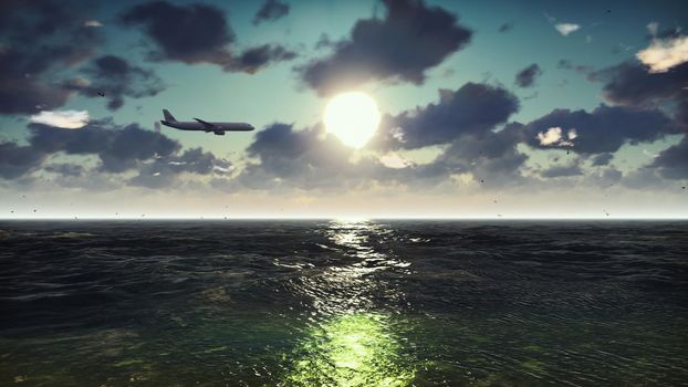 Passenger plane flies over the ocean at sunrise