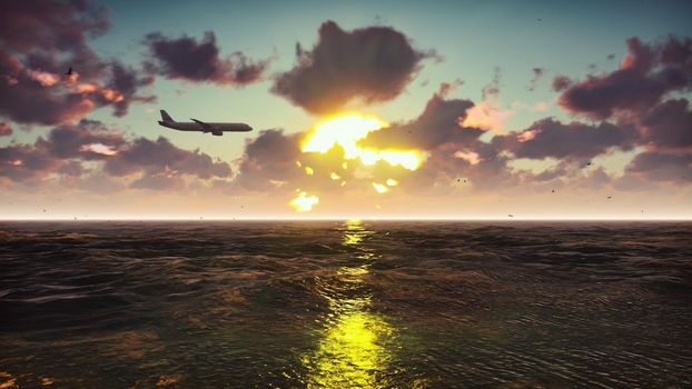 Passenger plane flies over the ocean at sunset