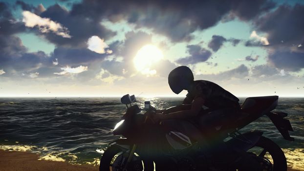  Man on a motorbike on the beach against the ocean, the sky, during sunrise. Lifestyle Concept.