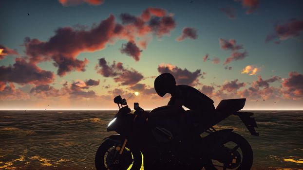  Man on a motorbike on the beach against the ocean, the sky, during sunset. Lifestyle Concept.