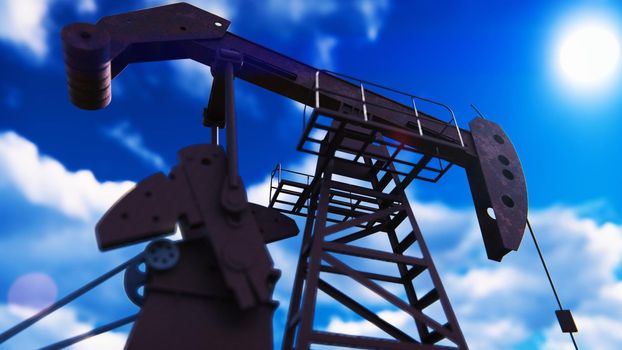 Pump jack industrial machine for petroleum in the sunset. Silhouette of a pump jack pumping oil against a red sky.