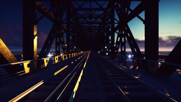 Railway bridge with Night cars lights on a sunset against the blue sky and the sea.