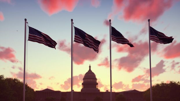 The American flags flutters in the wind on a sunset against the blue sky and the Capitol. The symbol of America and the American national holiday.