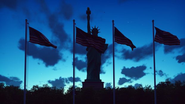 The American flags flutters in the wind on a sunrise against the blue sky and the Statue of Liberty. The symbol of America and the American national holiday.