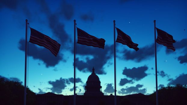The American flags flutters in the wind on a sunrise against the blue sky and the Capitol. The symbol of America and the American national holiday.