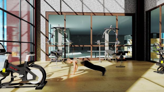 Gym with a variety of exercise equipment and a sportsman doing sports