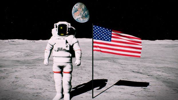 Astronaut on the moon near the us flag salutes.