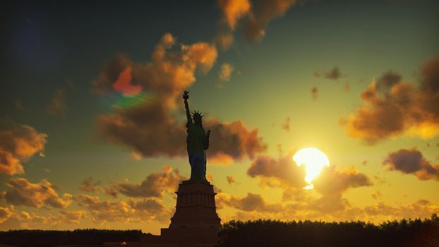 Statue of Liberty at sunrise, with the new York skyline and sunrise, sky with clouds in the background.