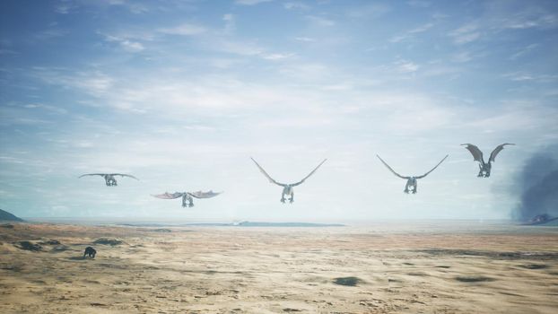 Dragons flying over vast desert