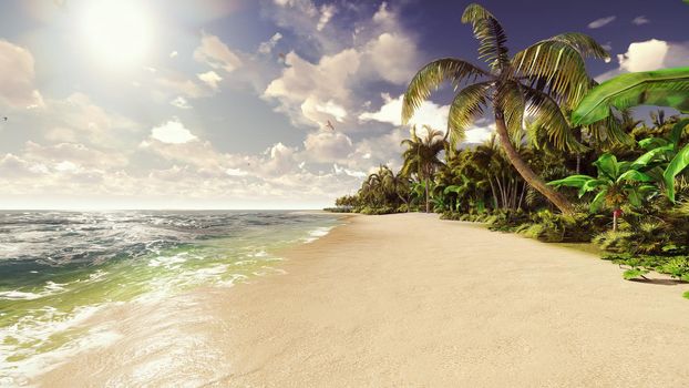 Palm trees on a tropical island with blue ocean and white beach on a Sunny day.