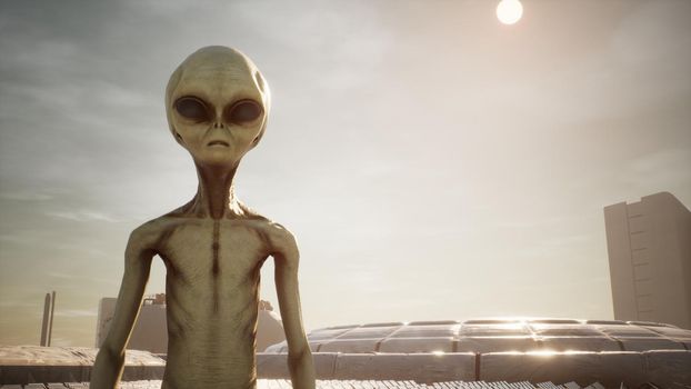 Alien returns to base after inspecting solar panels. Super realistic concept.