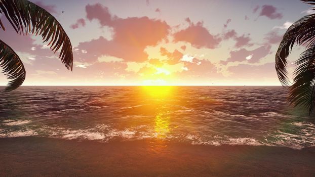 Palm trees on a tropical island with blue sea and Beautiful beach on a sunset. Summer scene.