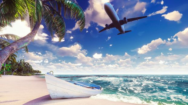 A passenger plane flies over an exotic tropical island in the blue ocean