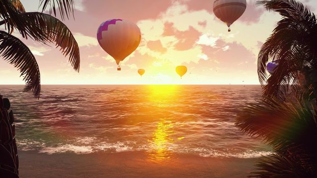 Hot Air Balloons Over the blue sea at sunset. Beautiful summer background.