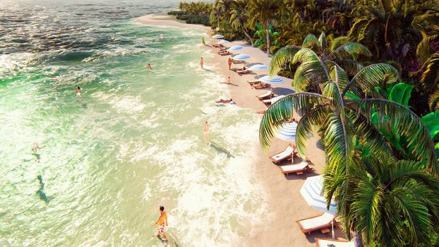 Palm trees over a tropical island with an exotic white beach with bathing people on a Sunny day with blue sky. Beautiful summer scene.