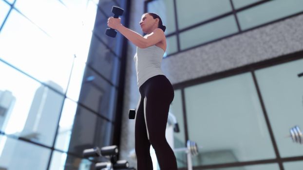 Gym with a variety of exercise equipment and a sportswoman doing sports