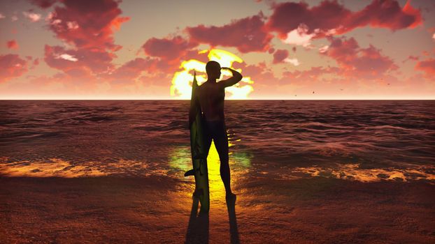 Silhouette of a young male surfer standing on the beach at sunrise with a surfboard and watching the ocean waves.