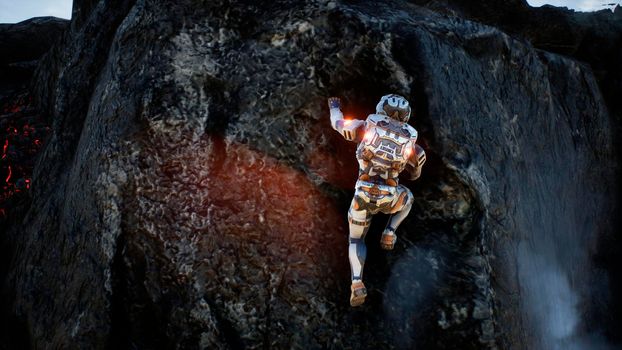 Astronaut escapes from the crater of the volcano. Super realistic concept.