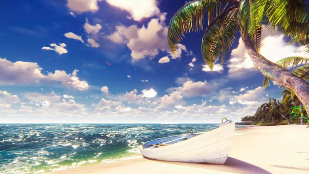 Palm trees on a tropical island with blue ocean, old boat and white beach on a Sunny day. Beautiful summer scene.