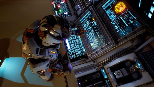 Astronaut of the future presses the keys on sci-fi screen. Realistic motion background.