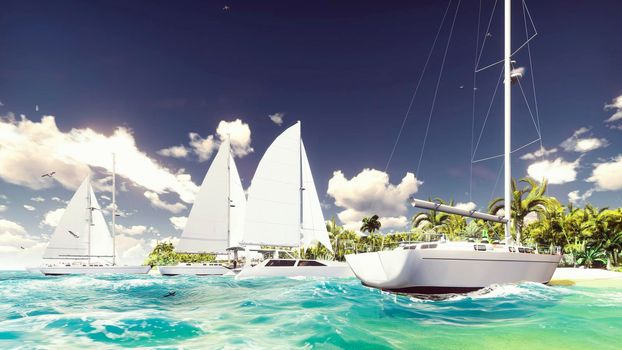 Sailboats on the beach of a desert island in the beautiful blue ocean.