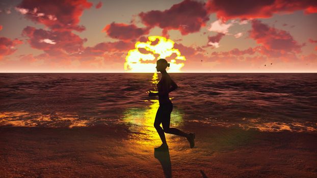 Sportswoman runs along the beach ocean at sunrise. Beautiful summer background.