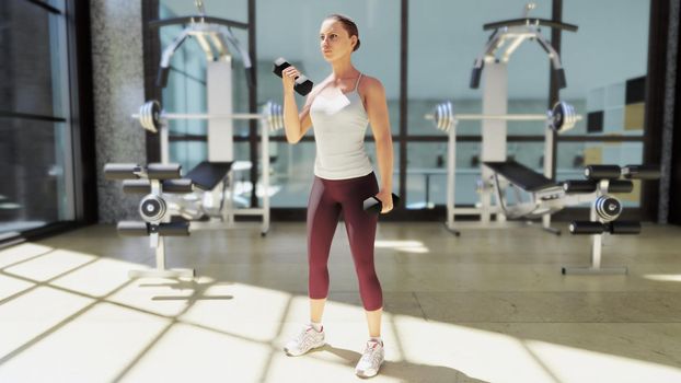 Gym with a variety of exercise equipment and a sportswoman doing sports