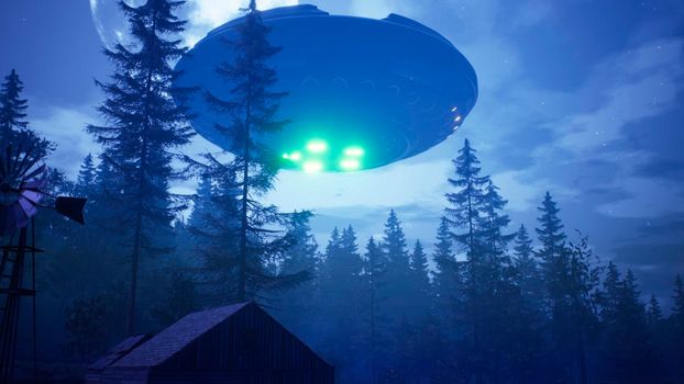 UFO flies over the forest and scans the house