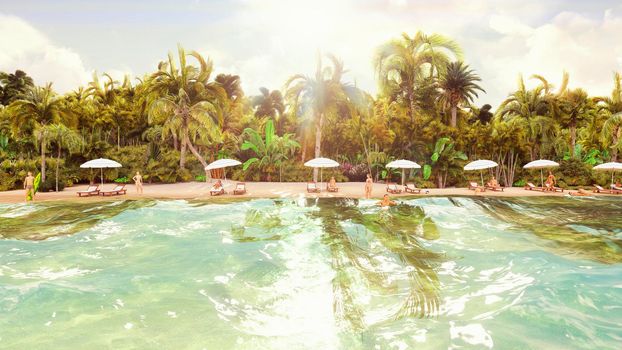 Palm trees over a tropical island with an exotic white beach with bathing people on a Sunny day with blue sky. Beautiful summer scene.