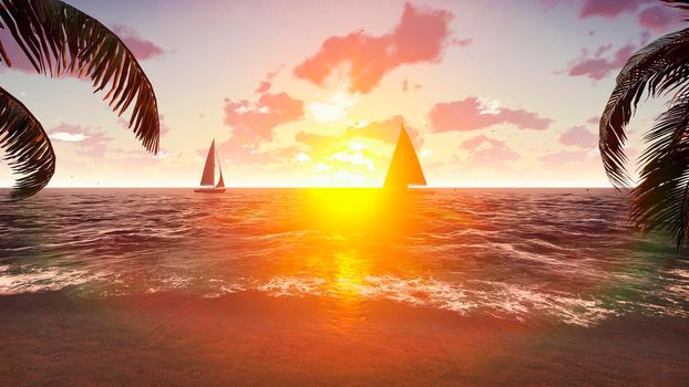 The yacht sails past a tropical island on the background of a beautiful sunset. Summer scene.