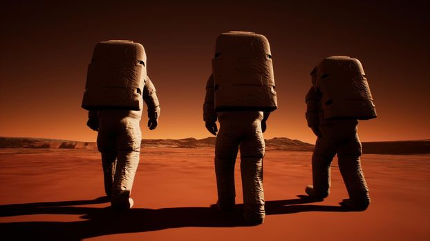 Three astronauts in spacesuits confidently walk on Mars in search of life