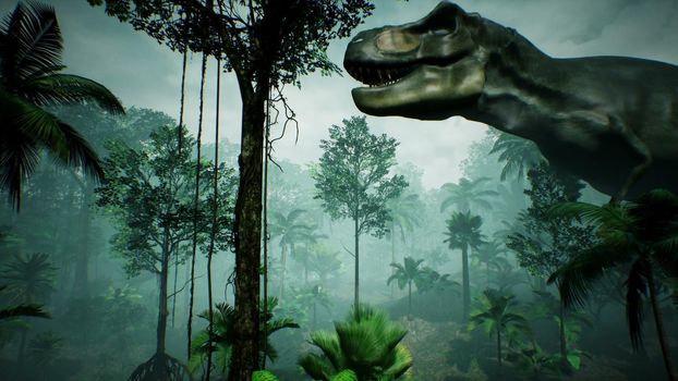 T Rex Tyrannosaur Dinosaur animation in jungle. realistic render.