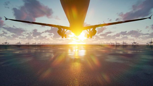 Plane takes off at sunrise or sunset background in slow motion