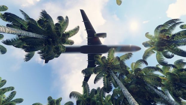 Passenger plane flies over the green jungle.