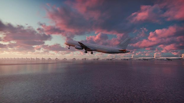 Plane takes off at sunset background