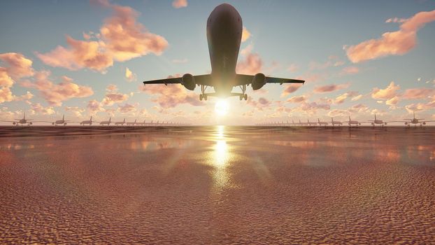 Plane takes off at sunrise background