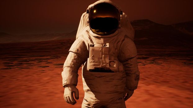 Astronaut in spacesuit confidently walk on Mars in search of life.