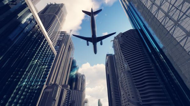 A passenger plane flies over a modern megapolis at sunrise