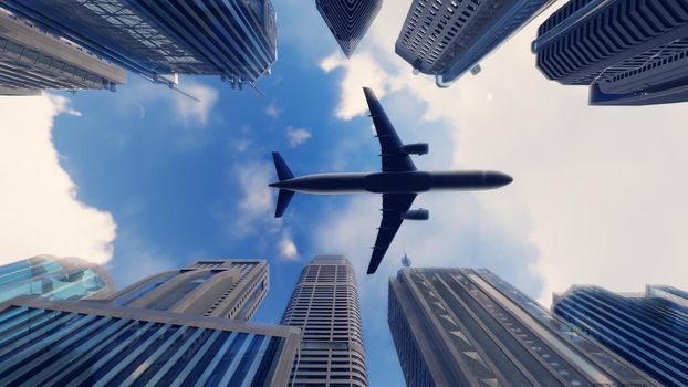 Airplane flies over a modern megapolis at sunrise