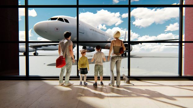 Happy family in airport near window looking on airplanes and waiting for time of flight at sunrise