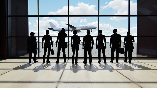 Silhouettes of tourists watching the plane taking off.