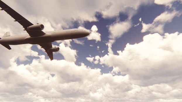 Passenger plane flying through the clouds in the blue sky.